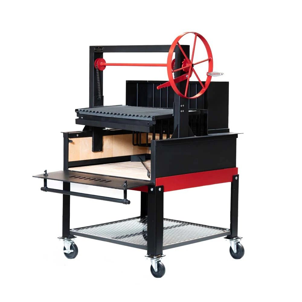 ARG-48DSIBRBCRT - Argentine with brasero back 48po x 36po with cart, door swing down, single wheel , standard lift system, 1/4'''' floor, 3/16po walls Finish: Satin Black Flywheel Finish - BBQ Québec