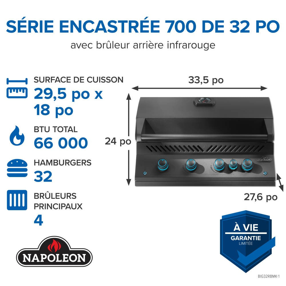 BIG32RBPMK-1 - Napoleon - Gril encastré de 32 po de la série 700 avec brûleur arrière infrarouge, propane, noir mat