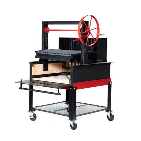 ARG-48DSIBRBCRT - Argentine with brasero back 48po x 36po with cart, door swing down, single wheel , standard lift system, 1/4'''' floor, 3/16po walls Finish: Satin Black Flywheel Finish - BBQ Québec