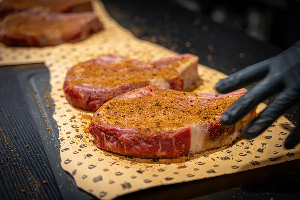Gros plan sur des steaks assaisonnés au rub, posés sur du papier de boucherie