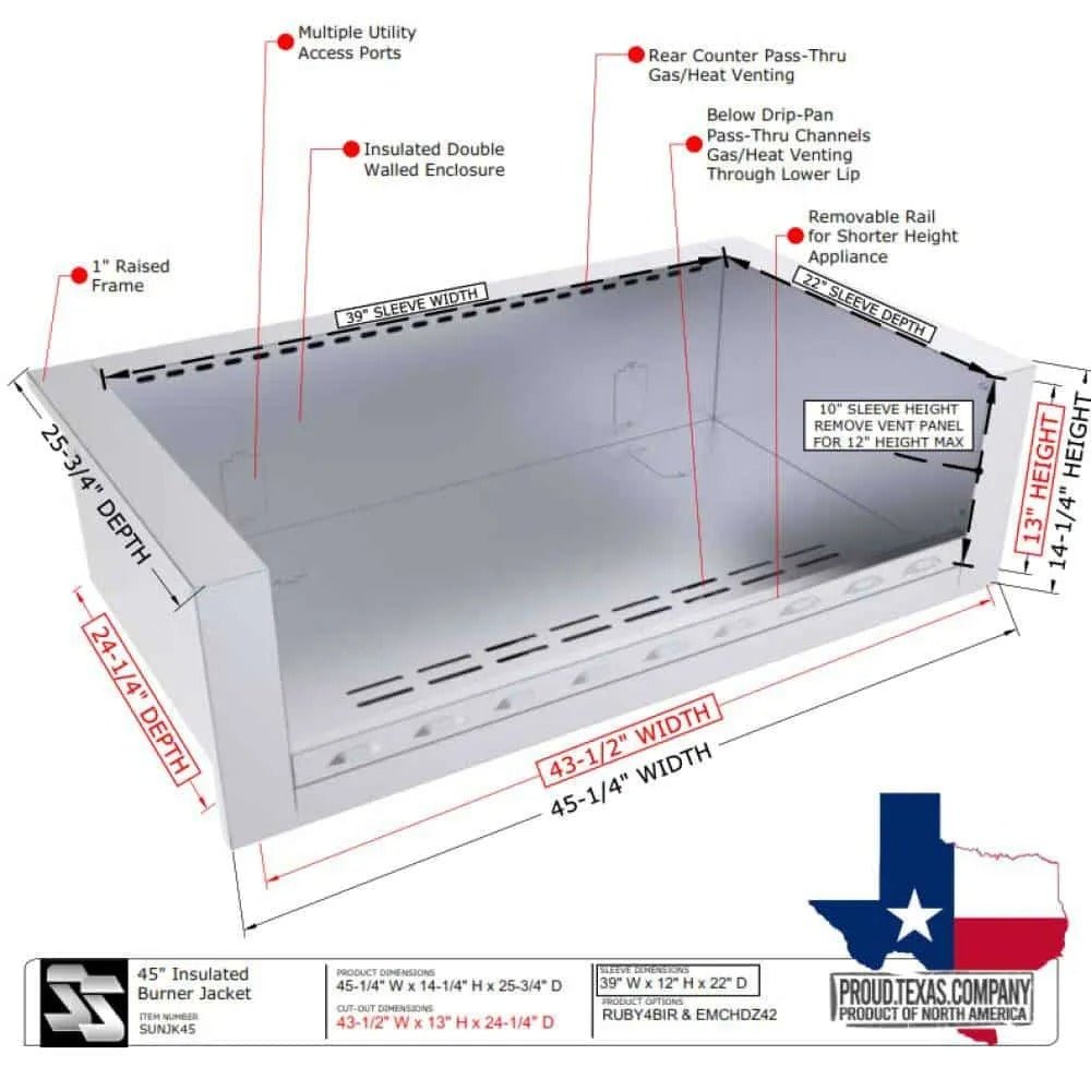 SUNJK45 – Enceinte de 45" pour grils avec découpe maximale de 39" L x 12" H x 22" P – Compatible avec les modèles RUBY5BIR et EMCHDZ42 - BBQ Québec